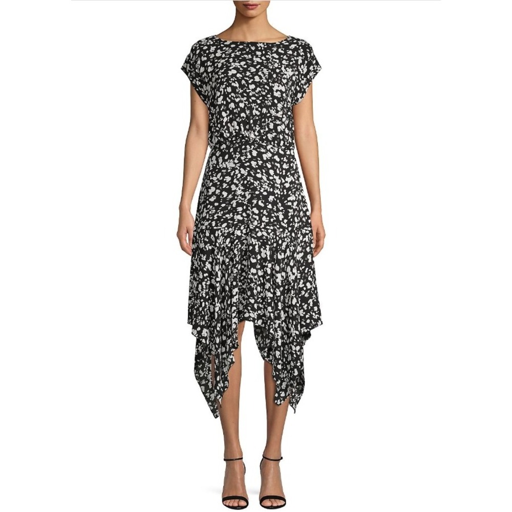 Vince Camuto Handkerchief Hem Dress size 14 Abstract Print Stretch Midi